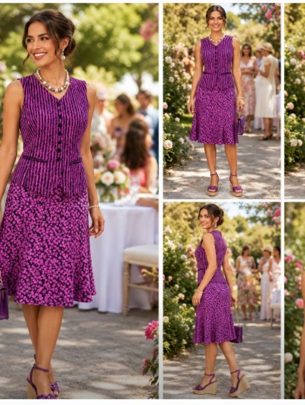 CARLISLE 6 SILK PURPLE & BLACK FIT & FLARE VEST SKIRT SET SUIT